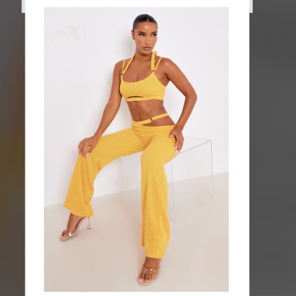 Bright Orange Textured O-ring Detail Cut Out Bralet & Pants set